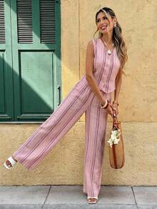 SHEIN Frenchy 女款兩件式休閒極簡度假波希米亞優雅浪漫復古粉色條紋印花套裝，通勤穿搭，音樂節、海灘、度假夏季穿搭 - 彩色 - 查看 4