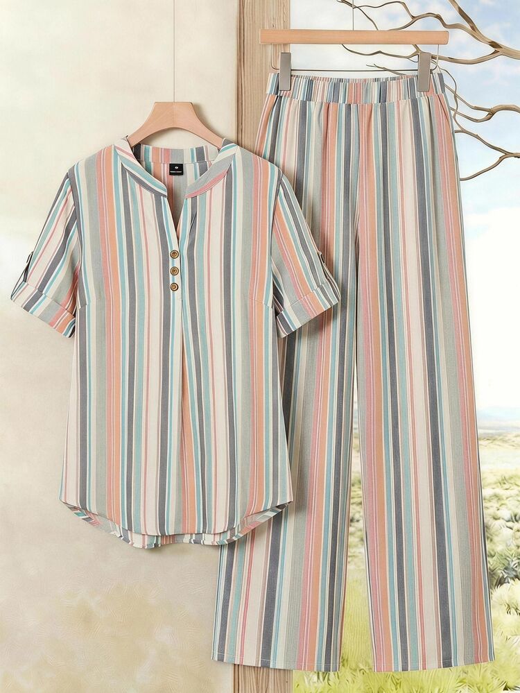 EMERY ROSE Colorful Striped Shirt And Long Pants 2 Pieces Set, Plus Size, Suitable For Early Autumn Outings - Multicolor - View 1