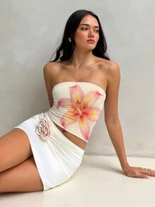 Aloruh 女士休闲橙色夏威夷花卉印花抹胸上衣，适合夏季、海滩、音乐节等场合，可用作沙滩罩衫、休闲比基尼、舒适泳装或装饰性沙滩装。 - 彩色 - 查看 6