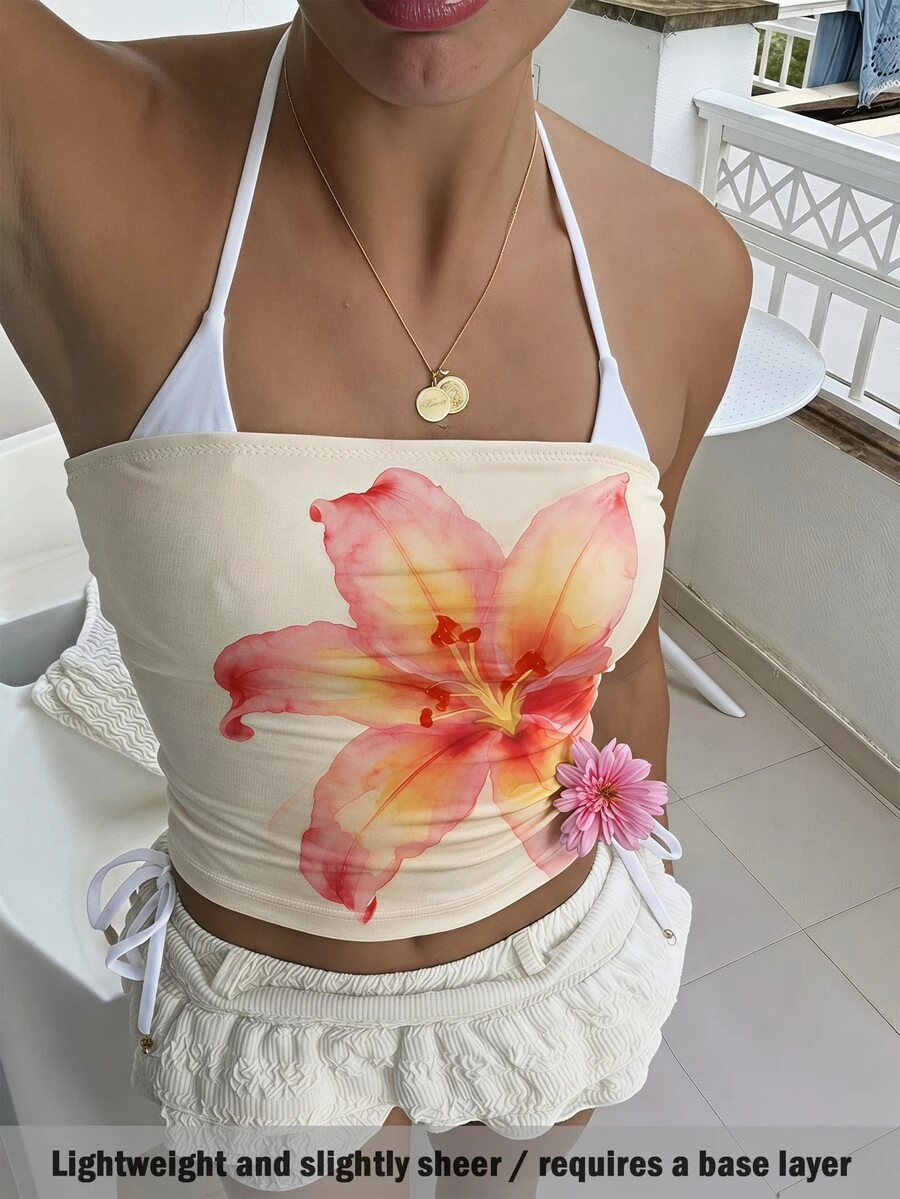 Aloruh 女款粉色花卉夏威夷印花抹胸上衣 夏季休閒 歐式性感 熱帶度假海灘 夜生活 音樂節 抹胸上衣 - 彩色 - 查看 1