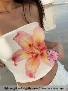 Aloruh 女士休闲橙色夏威夷花卉印花抹胸上衣，适合夏季、海滩、音乐节等场合，可用作沙滩罩衫、休闲比基尼、舒适泳装或装饰性沙滩装。 - 彩色 - 查看 1