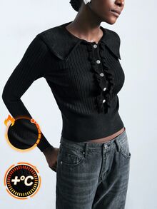 Maija 女款純色鈕扣設計荷葉邊下擺長袖短版修身針織上衣，黑色荷葉邊上衣，商務休閒優雅秋季辦公穿搭 - 深灰色 - 查看 4