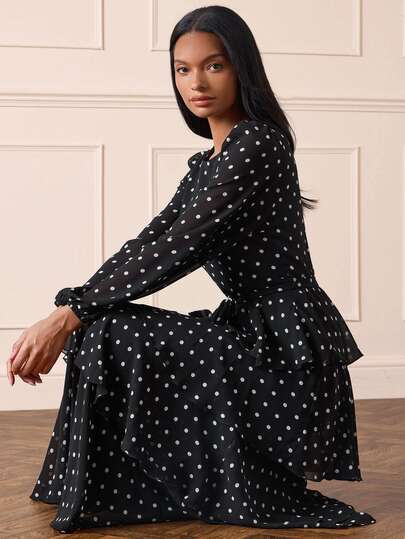 Lilora Vestido largo elegante de mujer con lunares y volantes, vestido versátil de moda de alta gama, adecuado para ir al trabajo, uso diario casual, salidas, reuniones, citas, fiestas, ocio, vacaciones, otoño, invierno, viajes de vacaciones