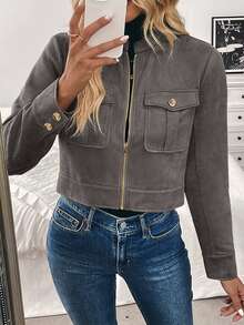 Louniche Chaqueta corta gris cálida de otoño/invierno para mujer con botones metálicos y bolsillos grandes, tela de otoño para mujer, uso diario y casual para viajes - Gris - Ver 4