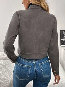Louniche Chaqueta corta gris cálida de otoño/invierno para mujer con botones metálicos y bolsillos grandes, tela de otoño para mujer, uso diario y casual para viajes - Gris - Ver 2