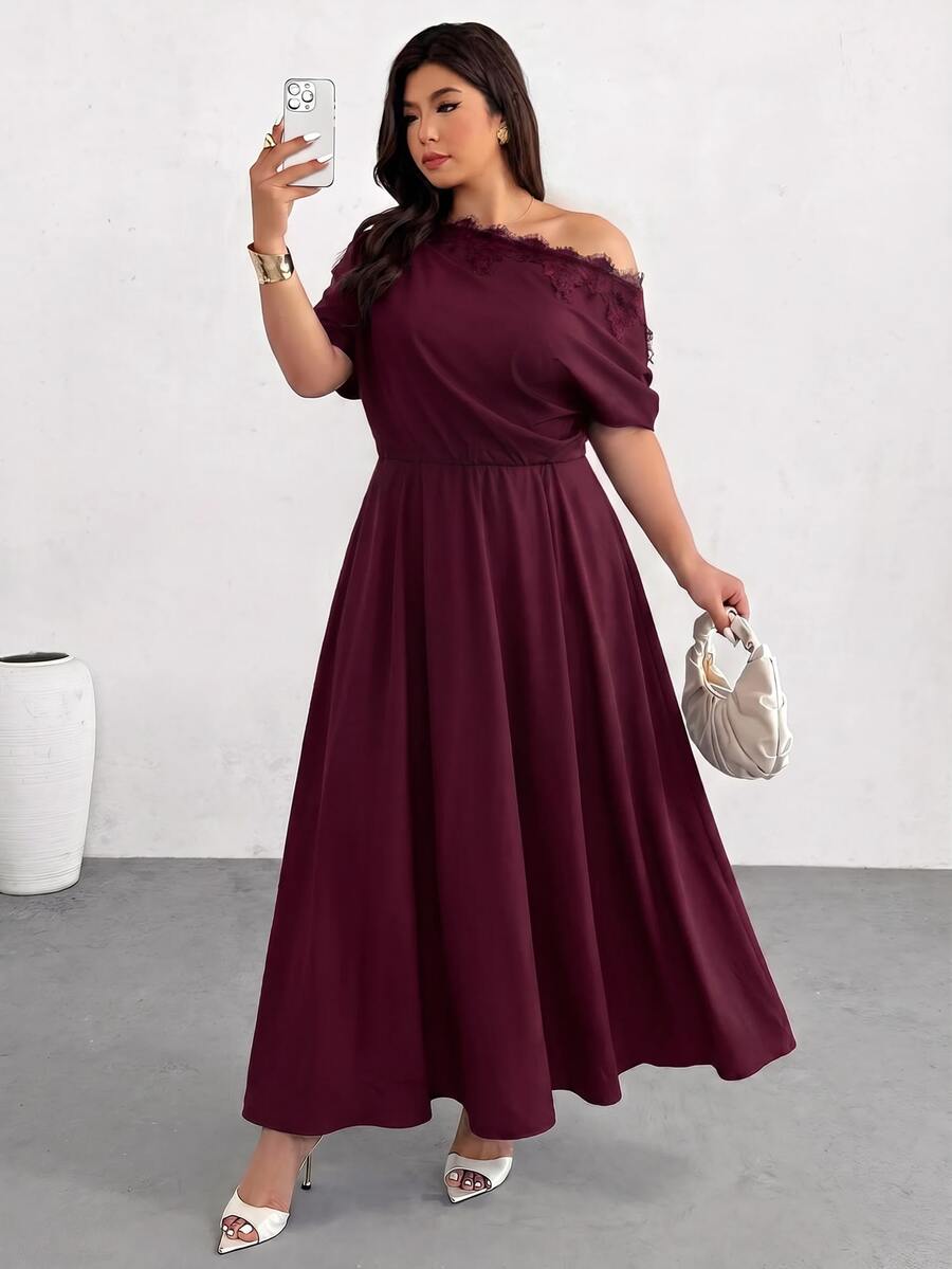 Firerie Plus Size Lace Patchwork Asymmetric Collar Dress - Burgundy - View 1