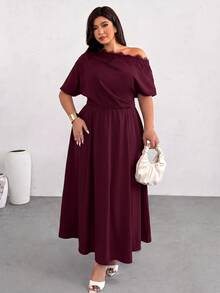 Firerie Plus Size Lace Patchwork Asymmetric Collar Dress - Burgundy - View 6