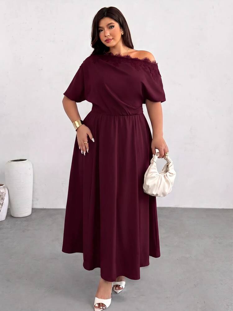 Firerie Plus Size Lace Patchwork Asymmetric Collar Dress - Burgundy - View 6