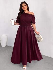 Firerie Plus Size Lace Patchwork Asymmetric Collar Dress - Burgundy - View 5