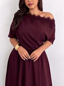 Firerie Plus Size Lace Patchwork Asymmetric Collar Dress - Burgundy - View 2