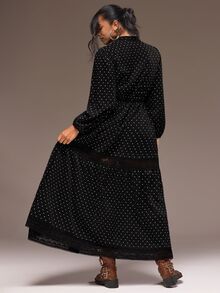 Freevana 女款大尺碼V領收腰A字長洋裝，黑白配色燈籠袖蕾絲飾邊，優雅迷人休閒風，適合秋冬派對晚宴 - 黑色 - 查看 2
