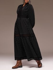 Freevana 女款大尺碼V領收腰A字長洋裝，黑白配色燈籠袖蕾絲飾邊，優雅迷人休閒風，適合秋冬派對晚宴 - 黑色 - 查看 5