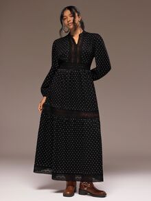 Freevana 女款大尺碼V領收腰A字長洋裝，黑白配色燈籠袖蕾絲飾邊，優雅迷人休閒風，適合秋冬派對晚宴 - 黑色 - 查看 6