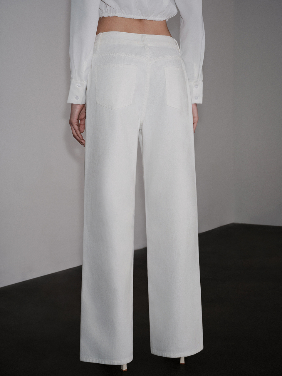 Autumn Long Pants, Heavy Pearl & Rhinestone White High Waist Flared Women's Jeans
