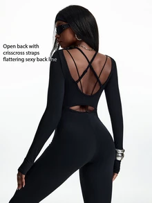 Innovista Innovista Long Sleeve Backless Fitted Sports Jumpsuit - Black - View 2