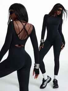 Innovista Innovista Long Sleeve Backless Fitted Sports Jumpsuit - Black - View 7