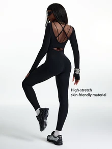 Innovista Innovista Long Sleeve Backless Fitted Sports Jumpsuit - Black - View 9