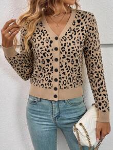 SHEIN Frenchy Cardigan Rajut Tipis Lengan Panjang Kancing Tunggal Motif Leopard untuk Wanita - MultiWarna - View 5