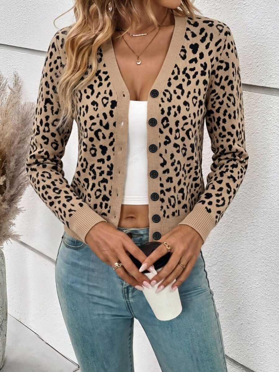 SHEIN Frenchy Cardigan Rajut Tipis Lengan Panjang Kancing Tunggal Motif Leopard untuk Wanita - MultiWarna - View 1