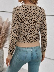 SHEIN Frenchy Cardigan Rajut Tipis Lengan Panjang Kancing Tunggal Motif Leopard untuk Wanita - MultiWarna - View 2