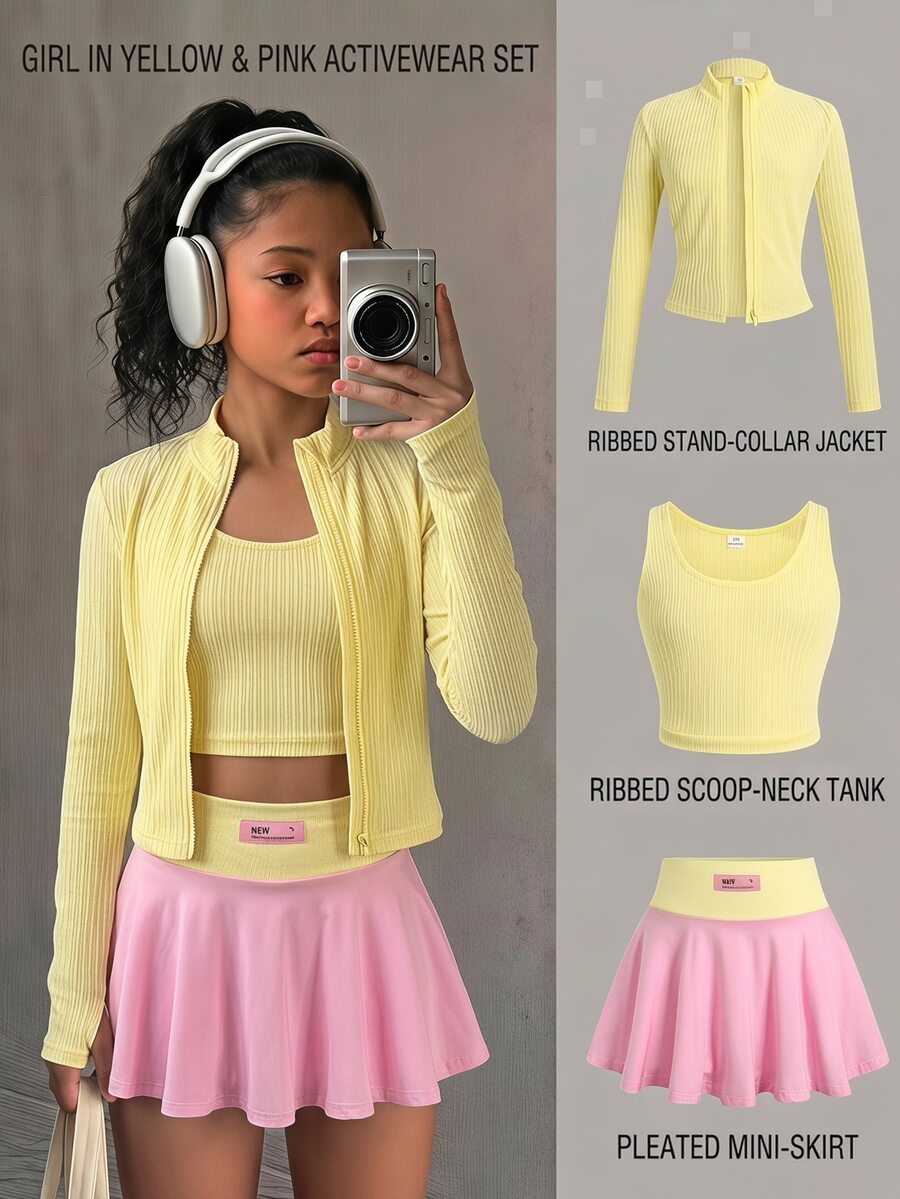 SHEIN Tween Girl Yellow Pink Tween Girl Color Block Long Sleeve Mock Neck Jacket Camisole, Skirts 3pcs Set Sport - Yellow - View 1