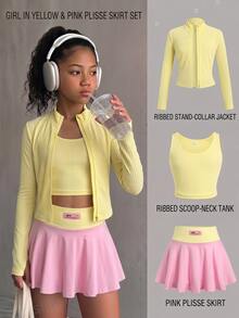 SHEIN Tween Girl Yellow Pink Tween Girl Color Block Long Sleeve Mock Neck Jacket Camisole, Skirts 3pcs Set Sport - Yellow - View 13