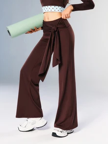 VARSIVA Celana Legging Flare Wanita untuk Olahraga dan Activewear Warna Polos dengan Simpul Pinggang untuk Kebugaran Harian - Coffee Brown - View 7
