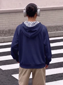 SHEIN 青少年女孩長袖抓絨秋季開學連帽衫，秋冬休閒舒適度假穿搭 - 藍色 - 查看 3