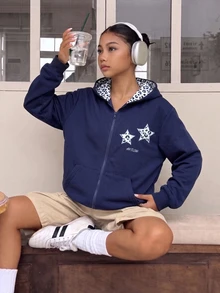 SHEIN 青少年女孩長袖抓絨秋季開學連帽衫，秋冬休閒舒適度假穿搭 - 藍色 - 查看 6