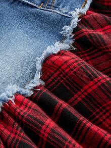 Girlism Tween Girl Red And Black Checkered Pattern And Irregular Hemline Christmas Blue Denim Skirt - Blue - View 4