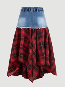 Girlism Tween Girl Red And Black Checkered Pattern And Irregular Hemline Christmas Blue Denim Skirt - Blue - View 2