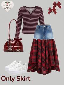Girlism Tween Girl Red And Black Checkered Pattern And Irregular Hemline Christmas Blue Denim Skirt - Blue - View 1