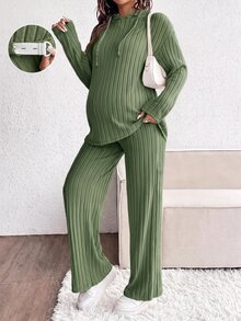 SHEIN Maternity Solid Color Long Sleeve Top And Adjustable Waist Long Pants Casual Daily 2 Pieces Set Fall - Dark Green - View 5