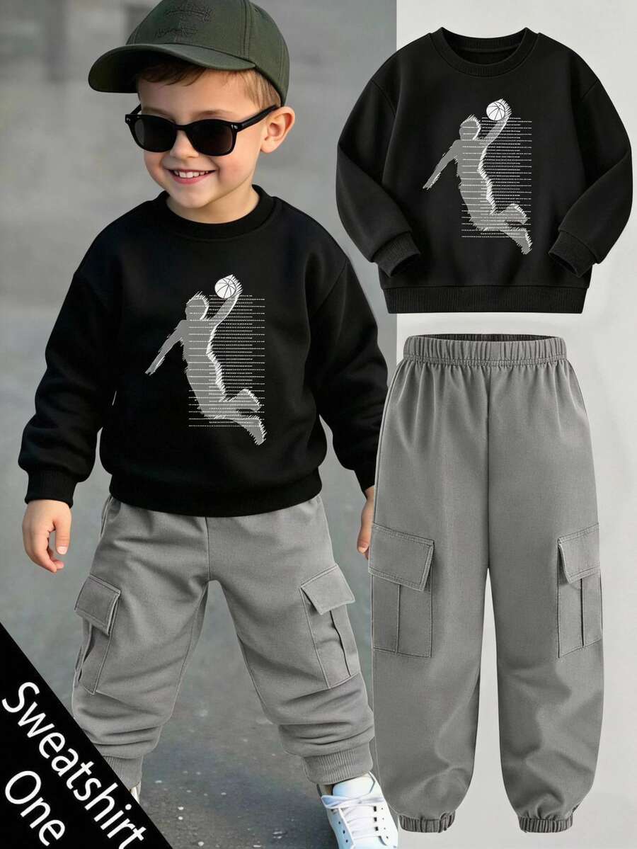 Young Boy Long Sleeve Kids Crew Neck Autumn Sweatshirt With Cartoon Pattern, Suitable For All Seasons - Black - View 1