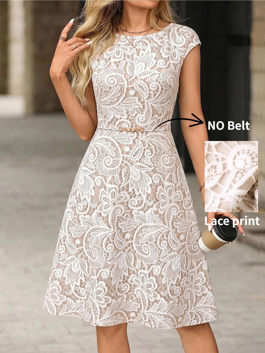 SHEIN Clasi Faux Lace Print Waist-Defining A-Line Cap Sleeve Dress - Apricot - View 1
