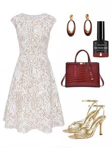 SHEIN Clasi Faux Lace Print Waist-Defining A-Line Cap Sleeve Dress - Apricot - View 5