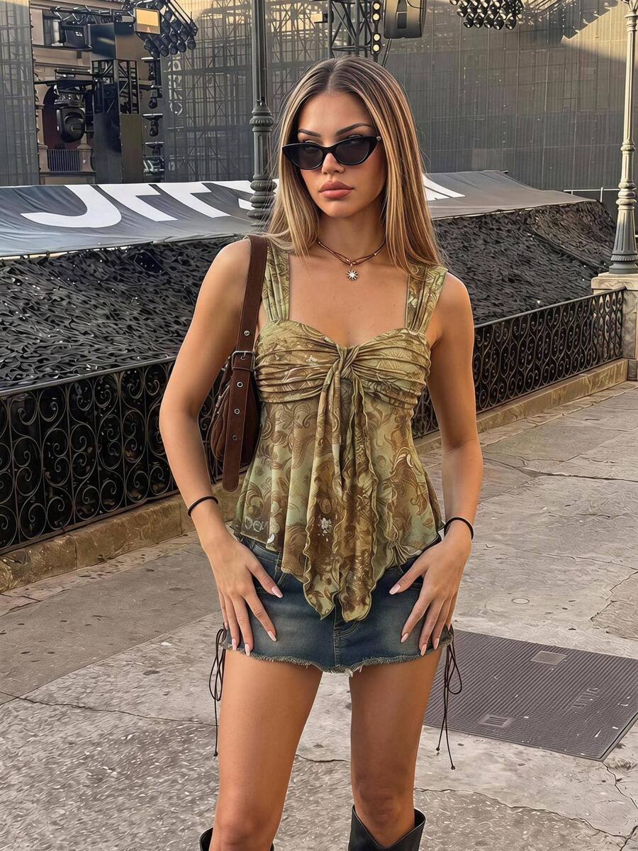 SHEIN ICON 复古印花不对称下摆网眼饰边女式背心 - 黃色 - 查看 1