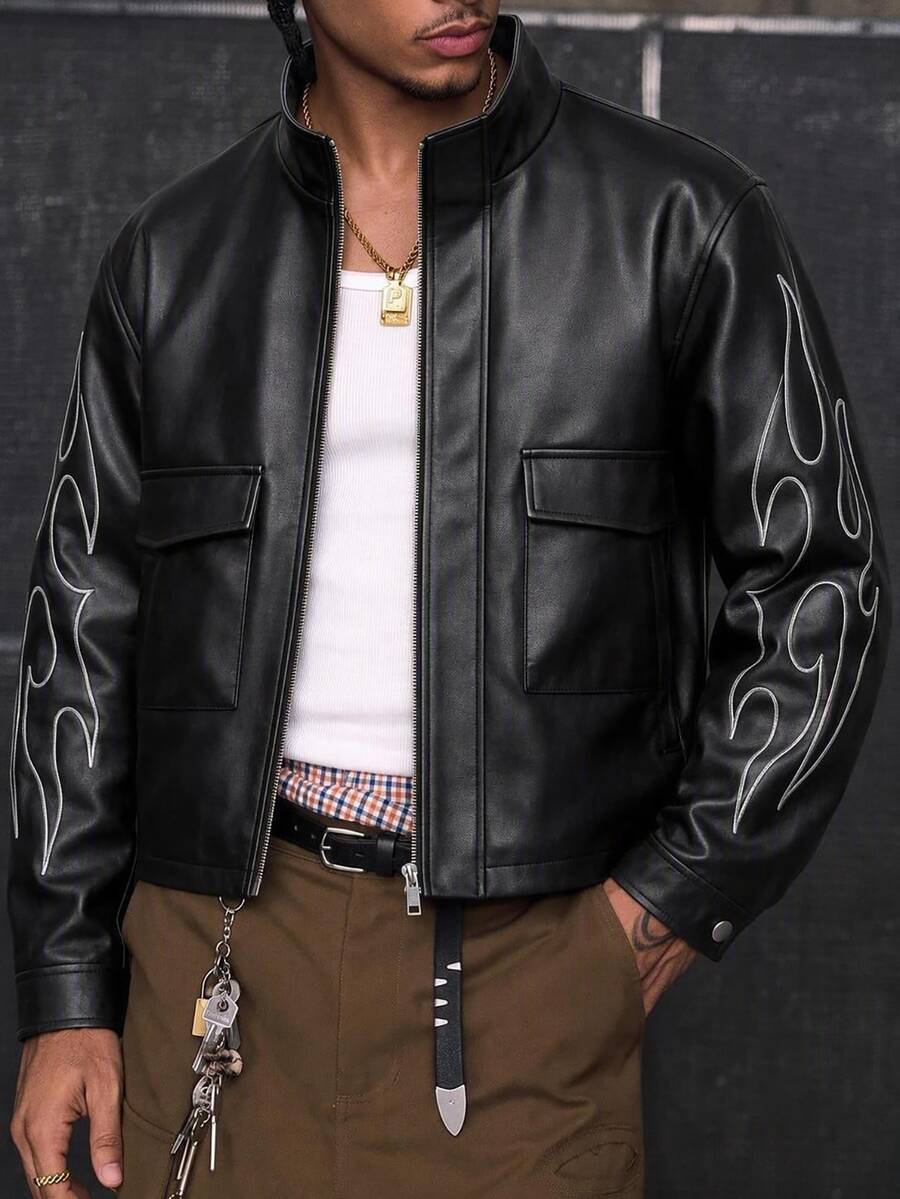CalleClaro Men's PU Material Pocket Long Sleeve Zip-Up Jacket - Coffee Brown - View 1