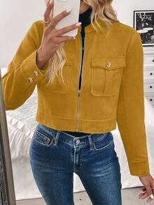 Louniche Women's Autumn/Winter Cargo Green Short Jacket With Large Pockets & Metal Buttons Fall Cloth For Women - Yellow - View 4