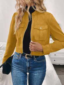 Louniche Women's Autumn/Winter Cargo Green Short Jacket With Large Pockets & Metal Buttons Fall Cloth For Women - Yellow - View 3