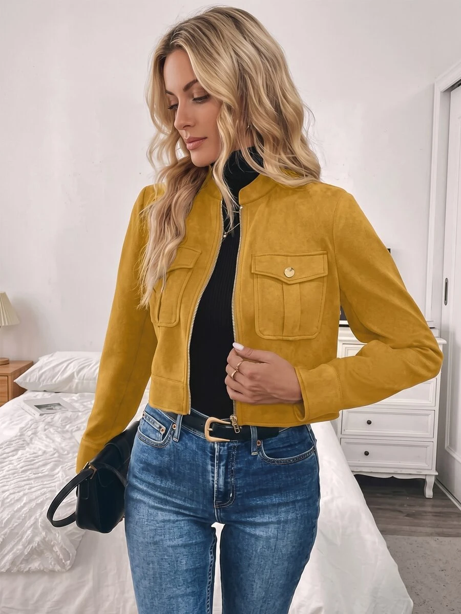 Louniche Women's Autumn/Winter Cargo Green Short Jacket With Large Pockets & Metal Buttons Fall Cloth For Women - Yellow - View 1