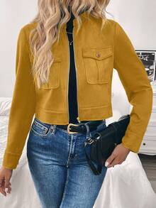 Louniche Women's Autumn/Winter Cargo Green Short Jacket With Large Pockets & Metal Buttons Fall Cloth For Women - Yellow - View 5