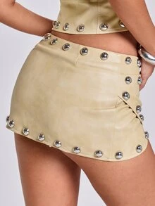 ROMWE Y2K Baddie Music Festival, Rivet Decor Layered Waist Washed Mini Skirt - Gold - View 2