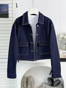 SHEIN Kids Tween Girl Fashion Casual Y2k Dark Denim Button-Down Long-Sleeved Short Jacket For Black To School - Blue - View 1