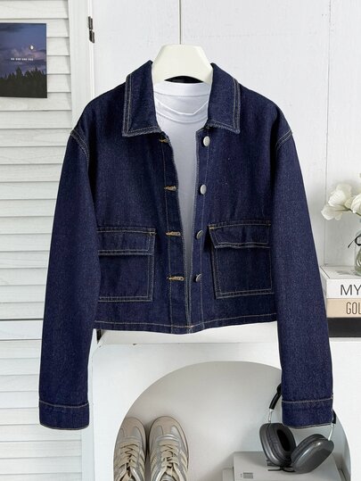 SHEIN Kids Tween Girl Fashion Casual Y2k Dark Denim Button-Down Long-Sleeved Short Jacket For Black To School
