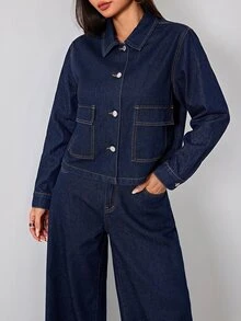 SHEIN Kids Tween Girl Fashion Casual Y2k Dark Denim Button-Down Long-Sleeved Short Jacket For Black To School - Blue - View 3