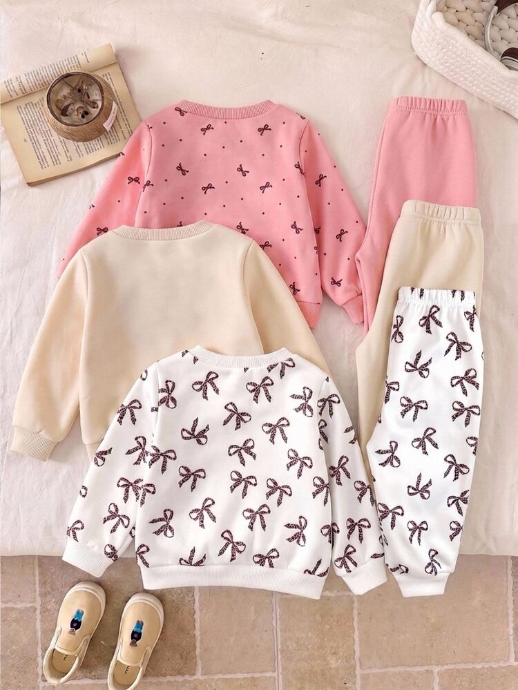 LMoss Kids Baby Girl Vintage Bow Pattern Knitted Soft Crew Neck Long Sleeve Pullover Sweatshirt & Elastic Waist Cuffed Autumn Winter Pants 6pcs -Piece Set - Multicolor - View 2