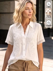 Yunfilé Women's Spring/Summer Casual Contrast Lace Cotton Blend Off-White Versatile Shirt For Home, Daily Wear And Outings - White - View 1