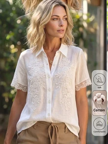 Yunfilé Women's Spring/Summer Casual Contrast Lace Cotton Blend Off-White Versatile Shirt For Home, Daily Wear And Outings - White - View 3