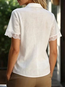 Yunfilé Women's Spring/Summer Casual Contrast Lace Cotton Blend Off-White Versatile Shirt For Home, Daily Wear And Outings - White - View 2